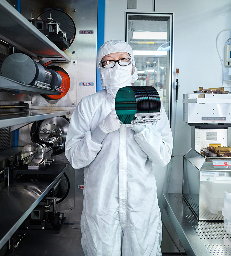 employee working in microelectronics lab