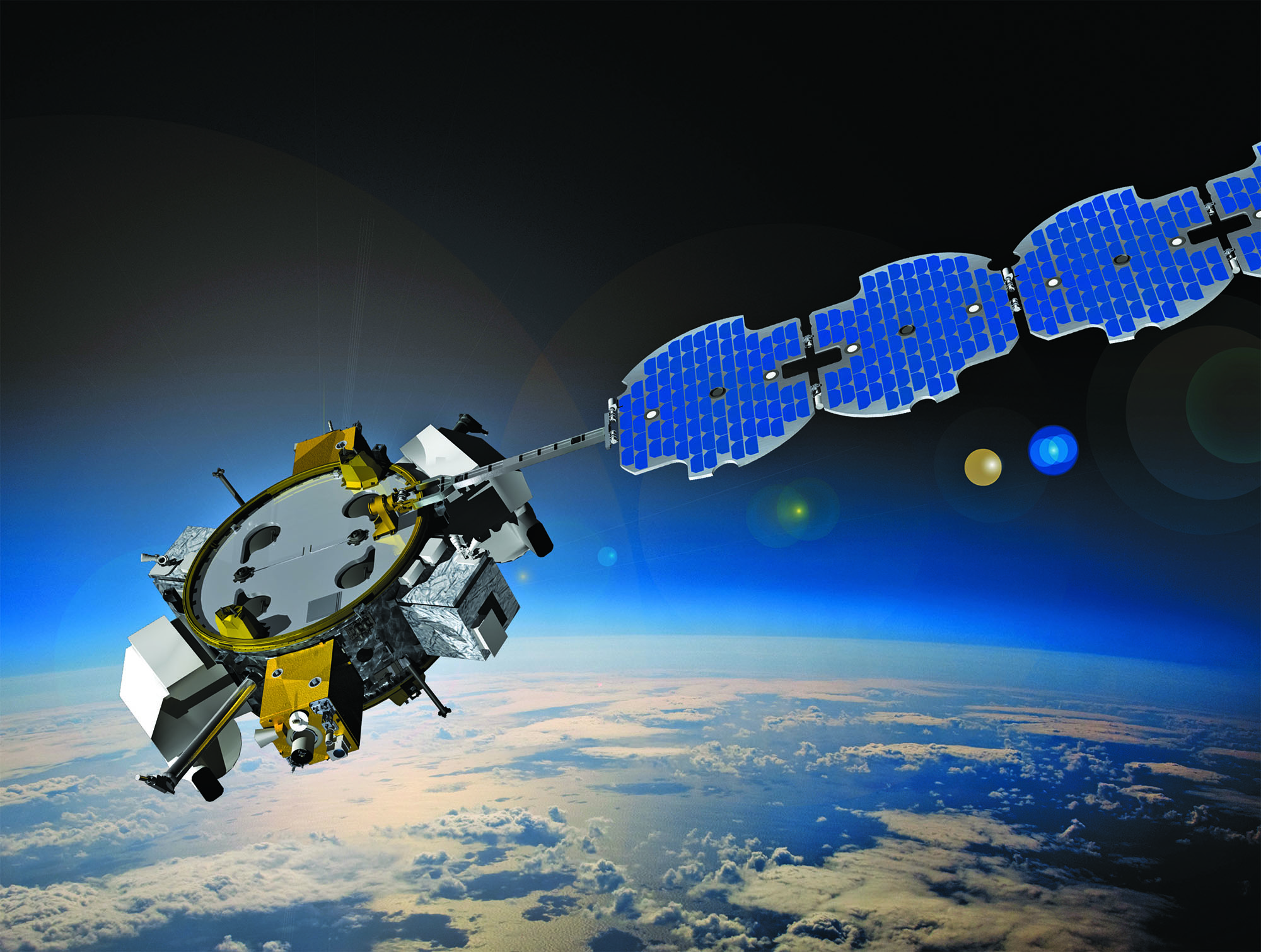 A satellite in orbit in space above earth