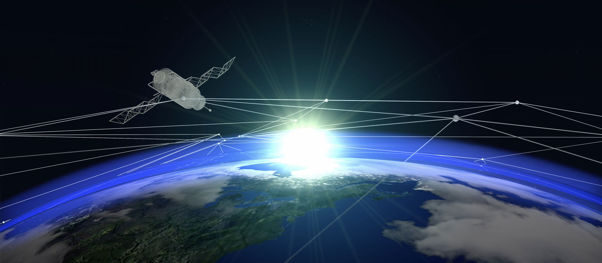 Satellite above earth with connections across the horizon.