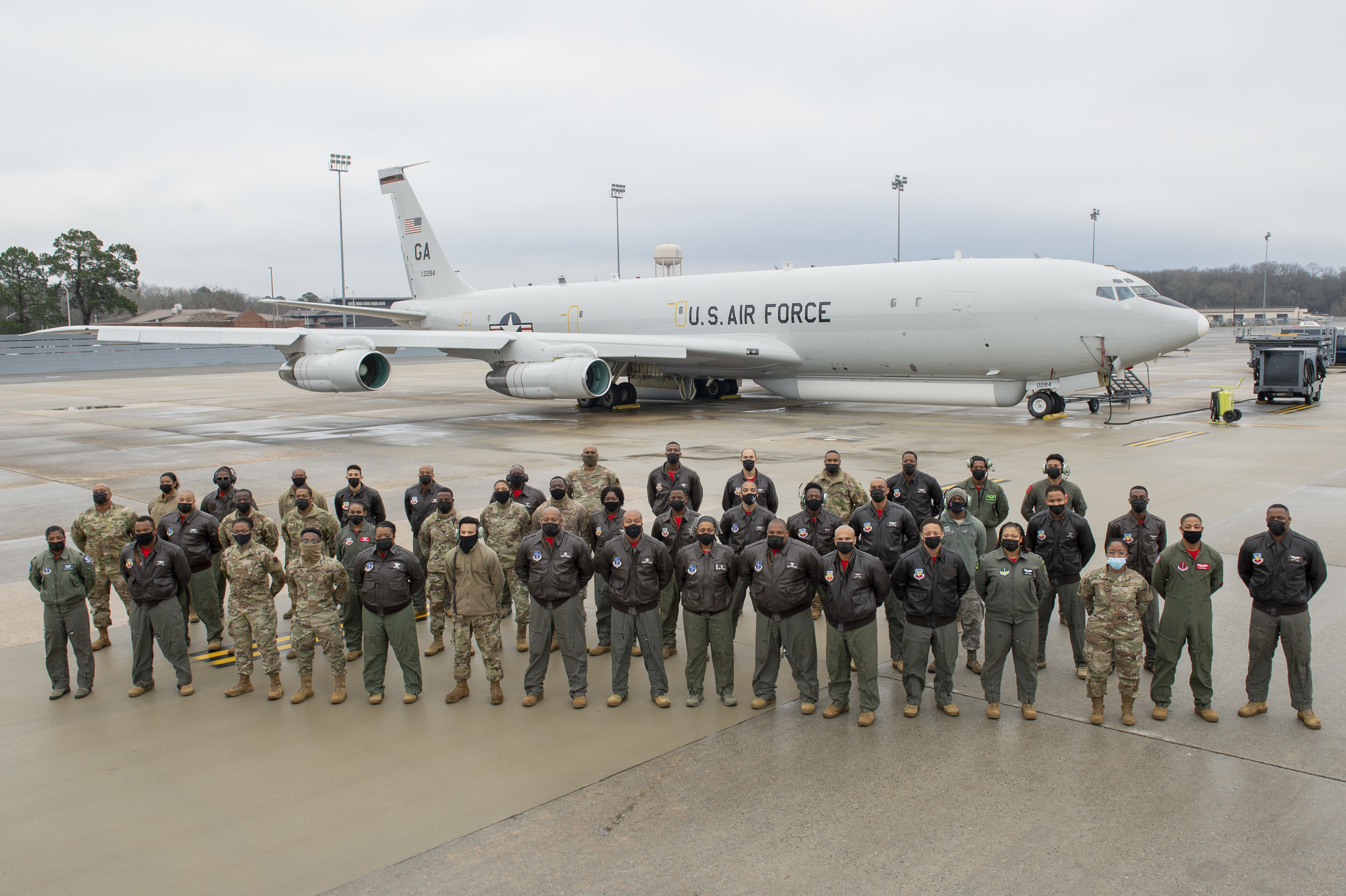 Photo of JSTARS commemorating Black History Month with historical all-African American flight crew E-8C JSTARS all-African American flight crew makes history