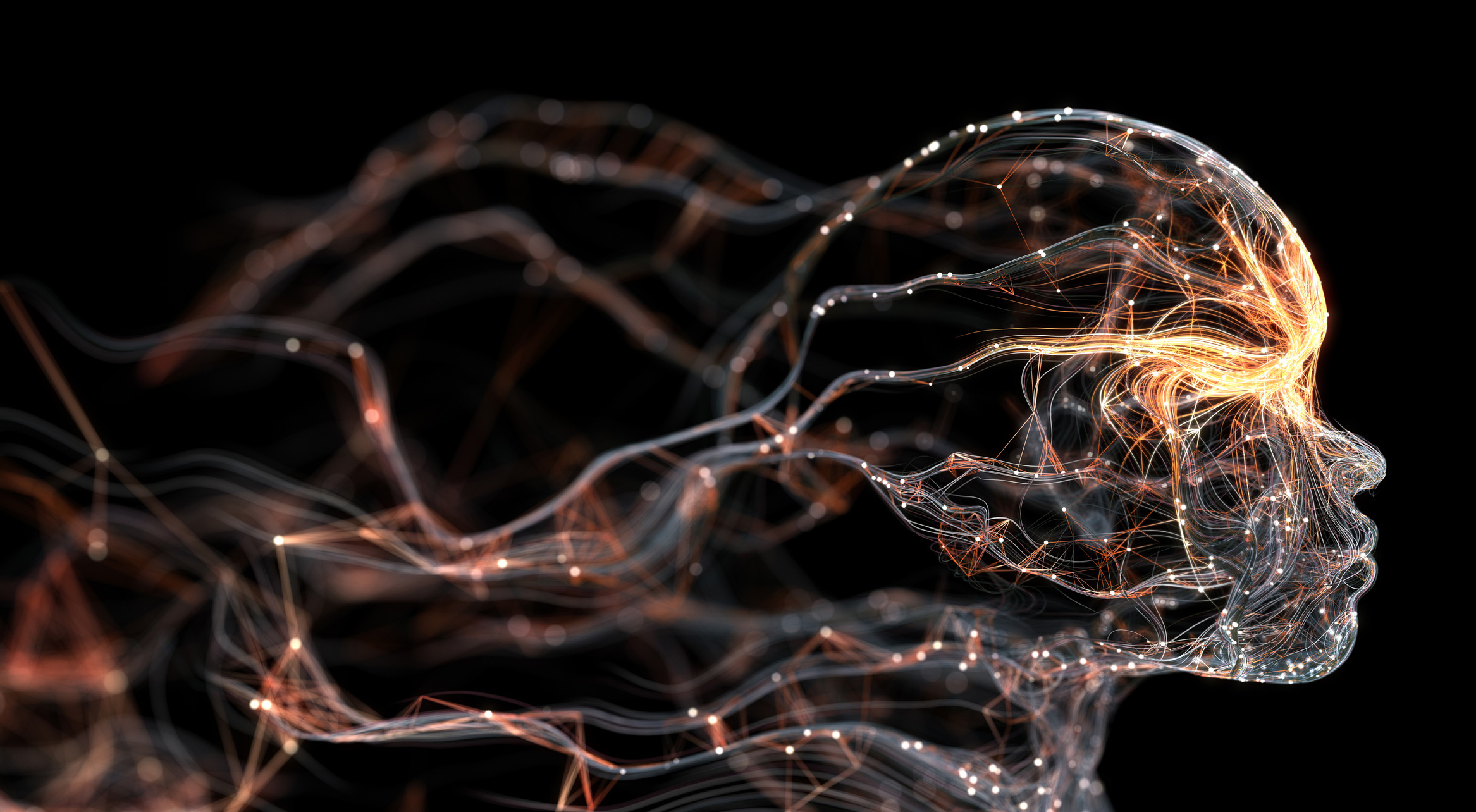 3D rendered depiction of digital network connections shaped like a human face. Highly detailed and perfectly usable for a wide range of topics related to artificial intelligence, big data or technology in general.